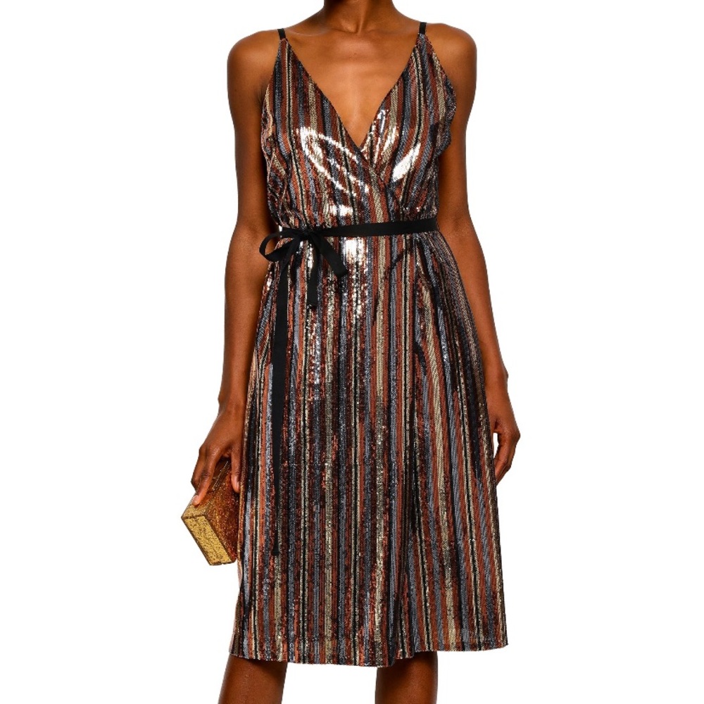 Sequin striped wrap front cami dress